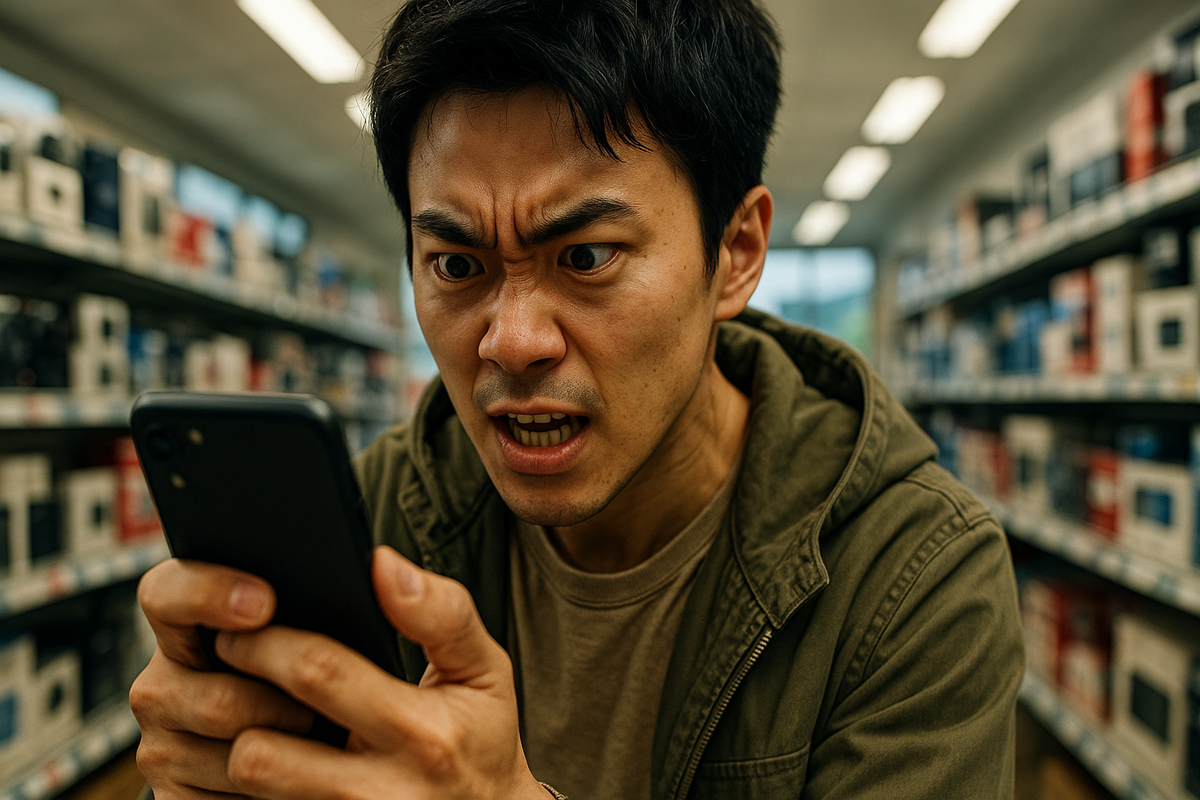 A young man in a Japanese electronics store, clutching his smartphone with intense frustration and urgency, eyes wide in shock and disbelief, surrounded by shelves of tech products, capturing raw emotion, tension, and the high-stakes anticipation of missing out on a rare discovery moment