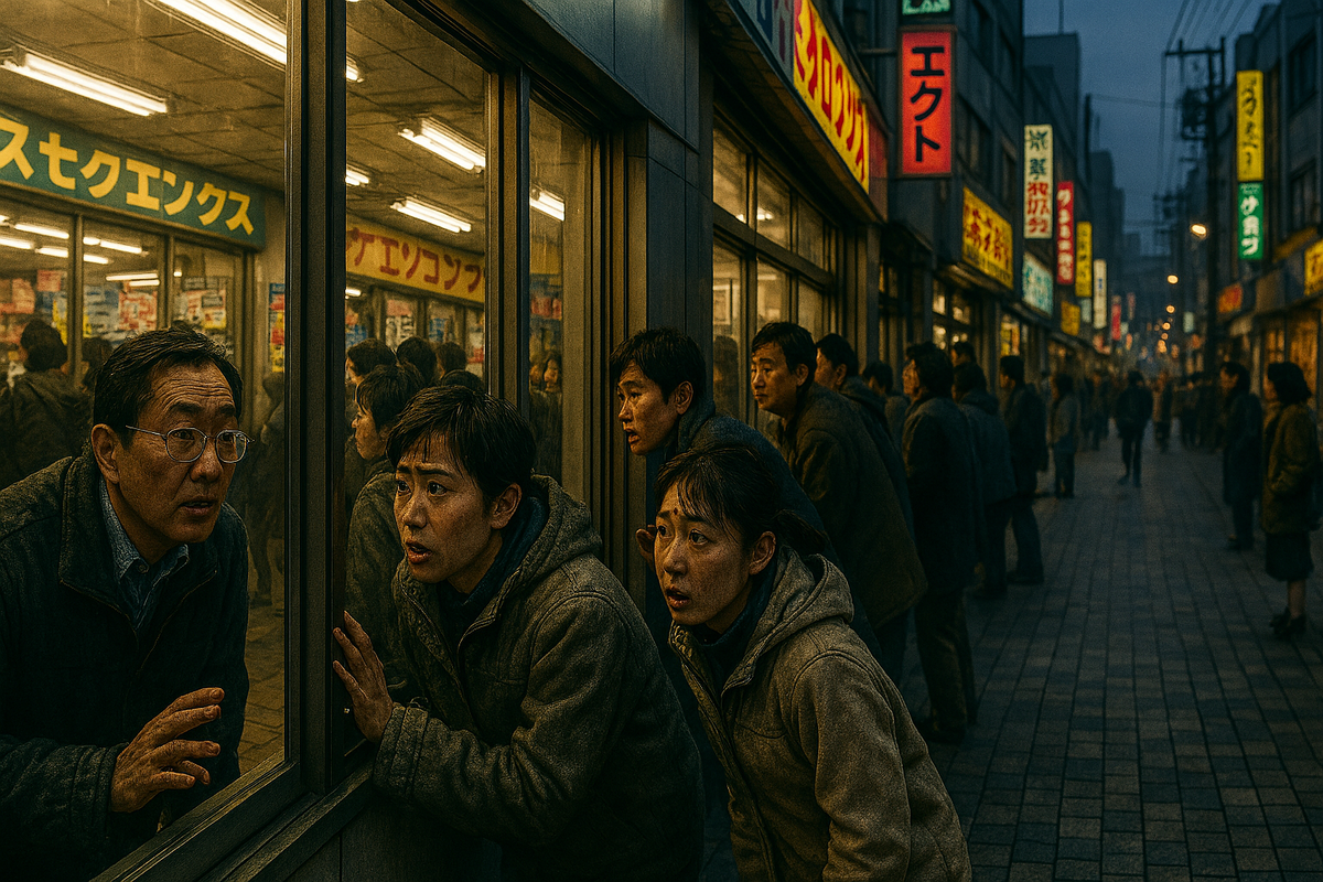 Early morning in a nostalgic Japanese shopping street, hopeful customers peer anxiously through store windows, their faces full of longing, excitement, and quiet determination—capturing the emotional anticipation and heartfelt desire of chasing a once-in-a-lifetime opportunity.