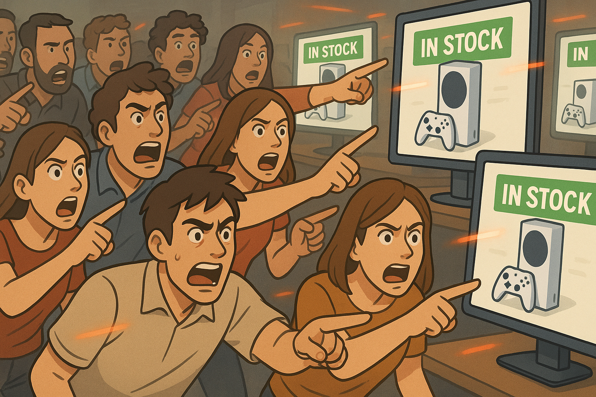 A determined crowd urgently pointing at computer screens displaying “IN STOCK” signs for game consoles, faces filled with excitement and tension, capturing the rush and energy of a sudden online restock, 16:9