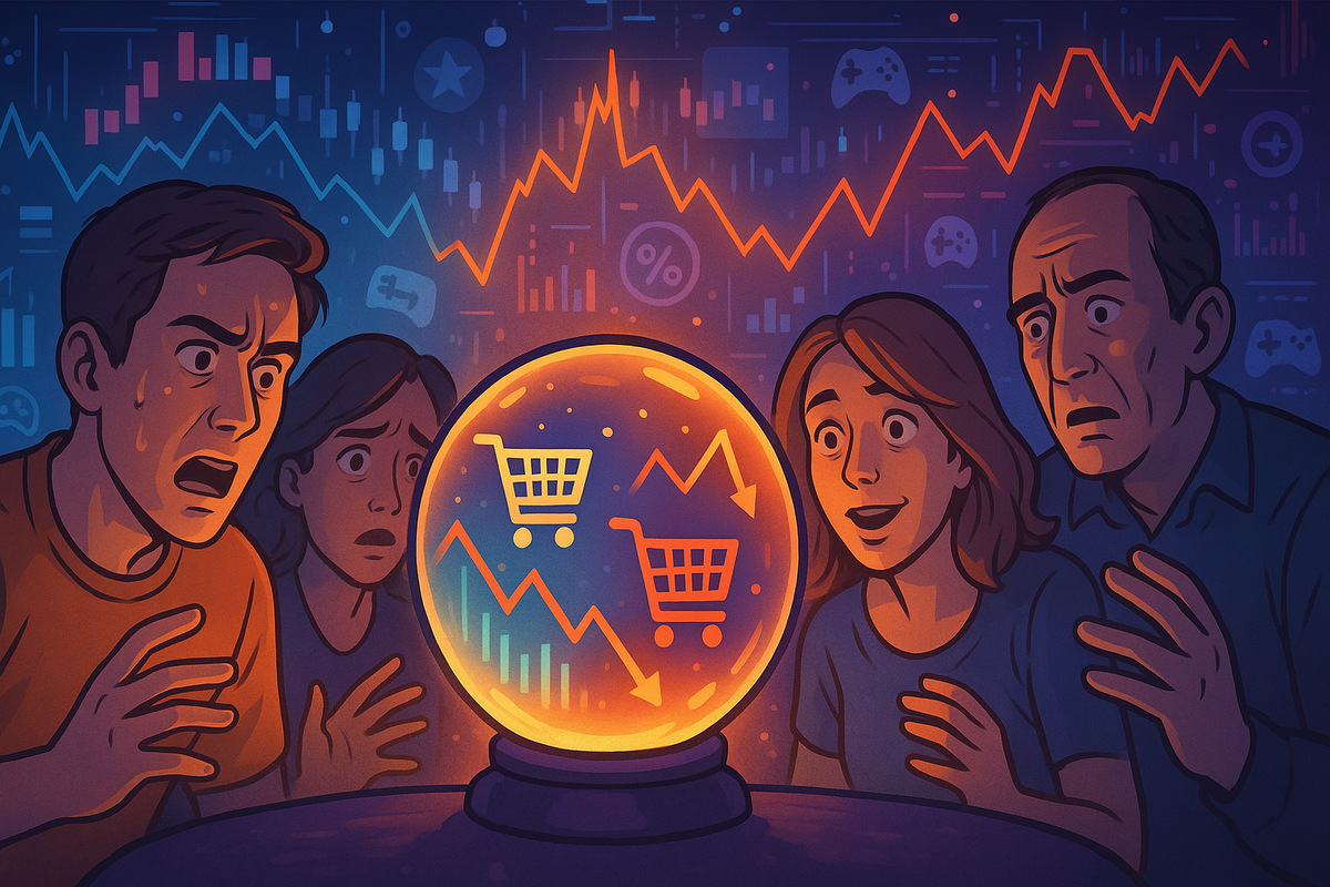 A group of people filled with excitement, anxiety, and hope gathers around a glowing crystal ball showing shopping carts and rising graphs, their faces dramatically illuminated with curiosity and anticipation. The background is alive with futuristic charts and dynamic market trends, capturing the thrill and suspense of predicting the future of Switch2 sales.