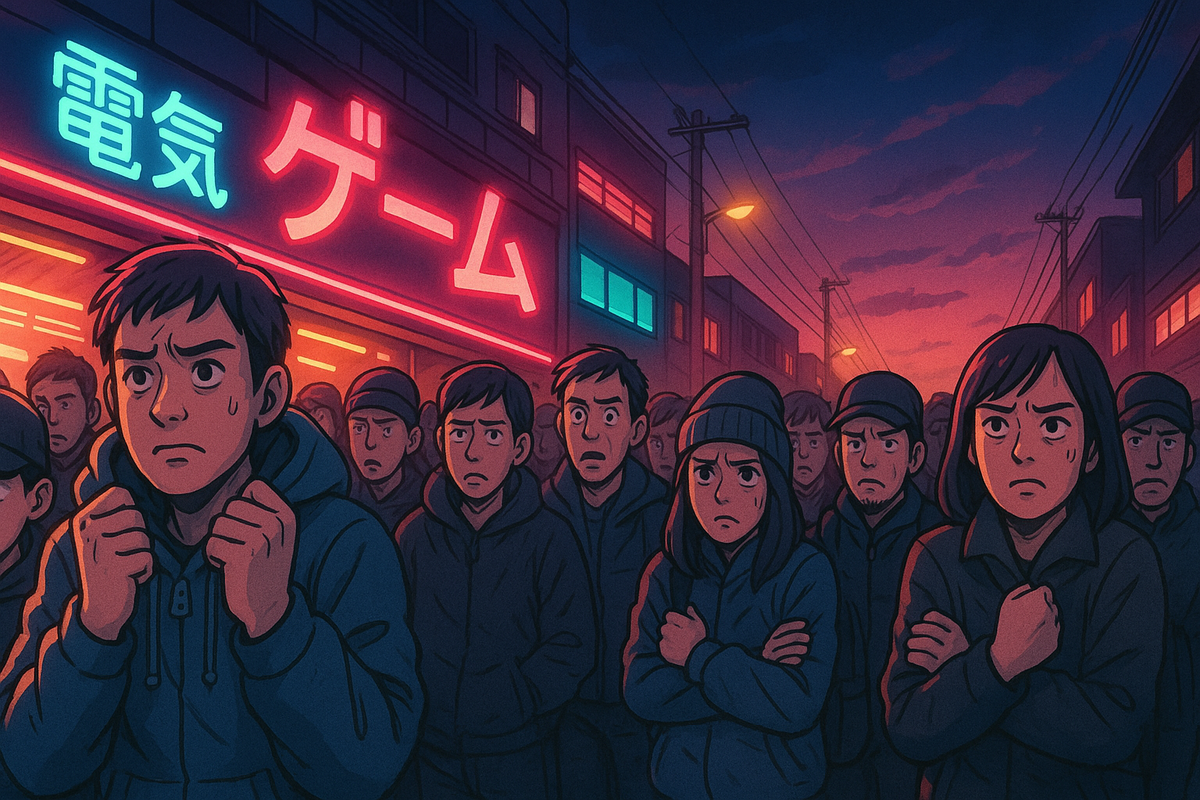 Anxious and determined gamers waiting in a tense early morning line outside a neon-lit game store, faces filled with worry, hope, and fierce resolve, dramatic sunrise sky, emotional tension and anticipation, 16:9