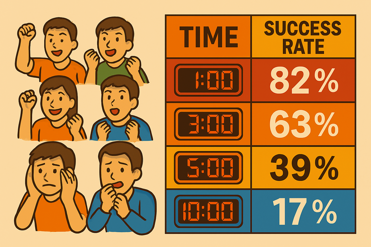 A dramatic chart showing time versus success rates, surrounded by expressive gamers with emotions ranging from excitement and hope to anxiety and worry, digital clocks glowing, lively infographic style, emotional rollercoaster, anticipation and suspense, 16:9