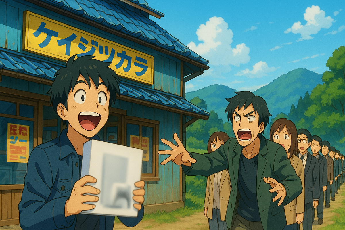A joyful anime-style boy holds up a newly bought game console in front of a countryside store, his face bursting with excitement and pure happiness, while a long line of shocked and desperate customers stretch out behind him, capturing the thrill of triumph, envy, and hope in a once-in-a-lifetime shopping victory