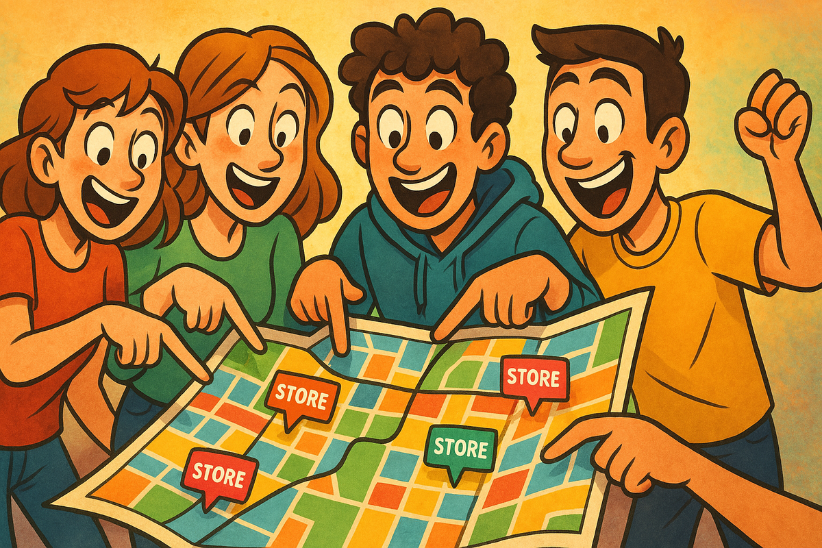 A cheerful group of friends excitedly pointing at different stores on a colorful city map, their faces glowing with anticipation, joy, and teamwork. The image radiates adventure, hope, and the thrill of discovering the best shopping spots together.