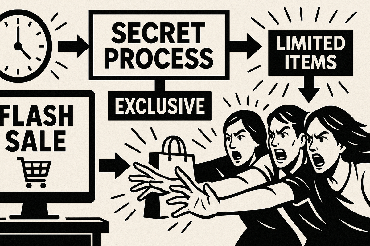 A bold, dramatic illustration of determined shoppers racing through an exclusive flash sale process, arrows showing the secret steps and the urgency of limited items, fierce expressions capturing the tension and excitement of chasing rare online deals, high-energy and emotionally charged