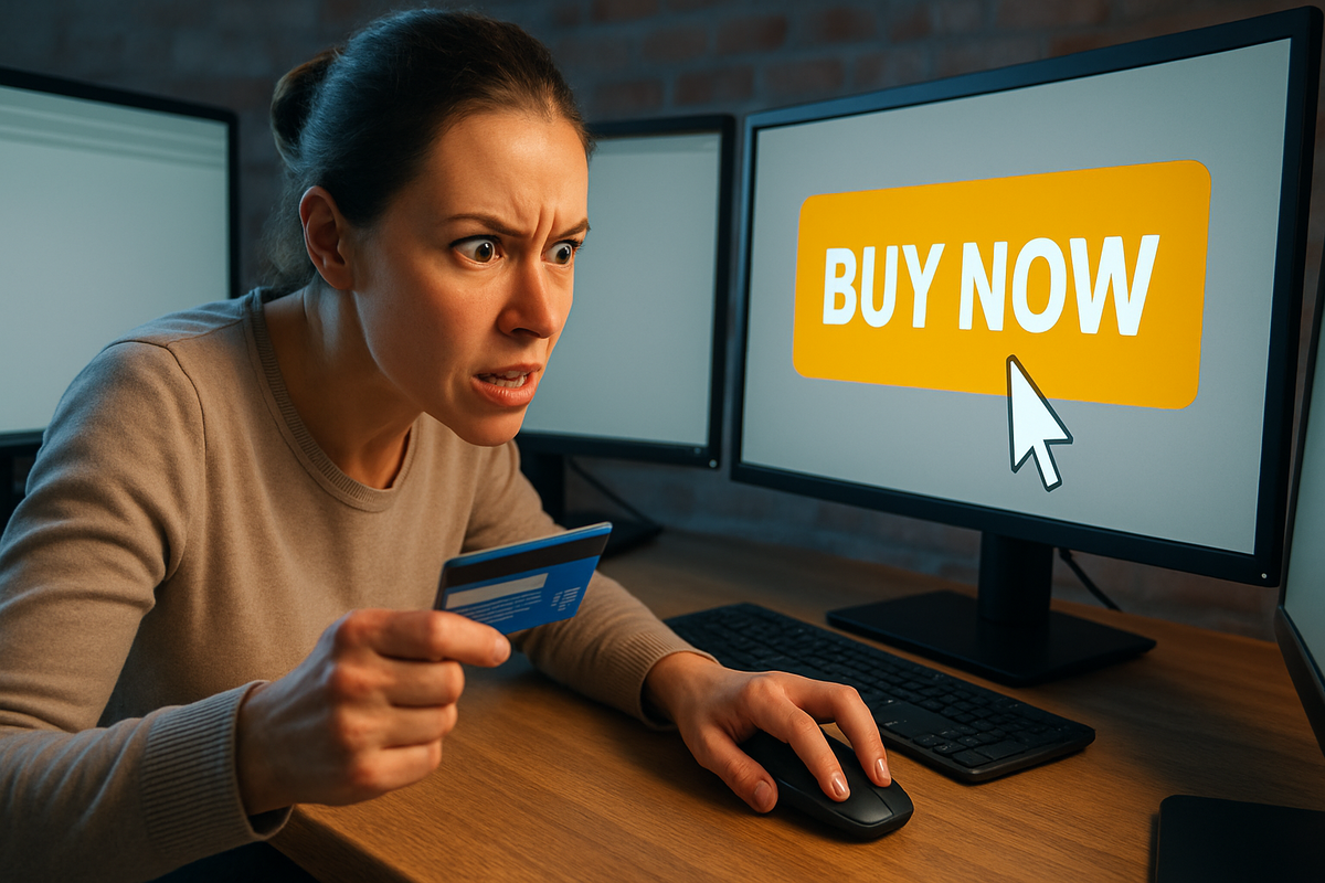 A determined woman gripping her credit card with fierce concentration, eyes locked on a glowing “BUY NOW” button on her monitor, tension and urgency radiating from her face, capturing the high-stakes emotion of racing to secure a flash sale deal online
