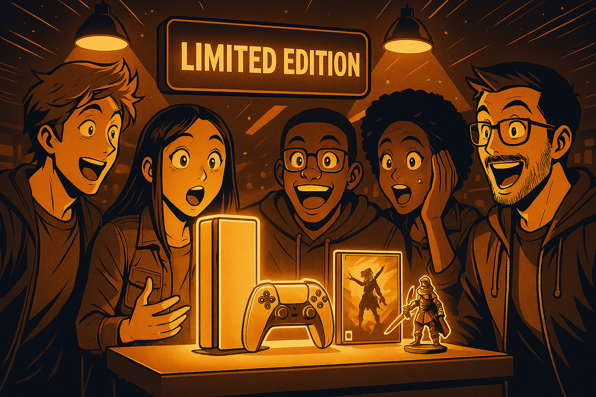 Overwhelmed joy and astonishment as friends discover a glowing limited edition game console set, surrounded by excitement, wonder, and anticipation, special night, magical moment, unforgettable unboxing