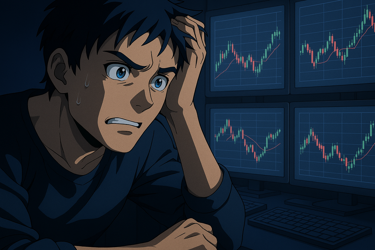 Anxious gamer sweating in front of multiple screens showing volatile price charts, overwhelmed by tension and uncertainty, capturing the emotional rollercoaster of chasing fair prices and fighting against unpredictable market chaos. Relatable, dramatic, and packed with suspense.