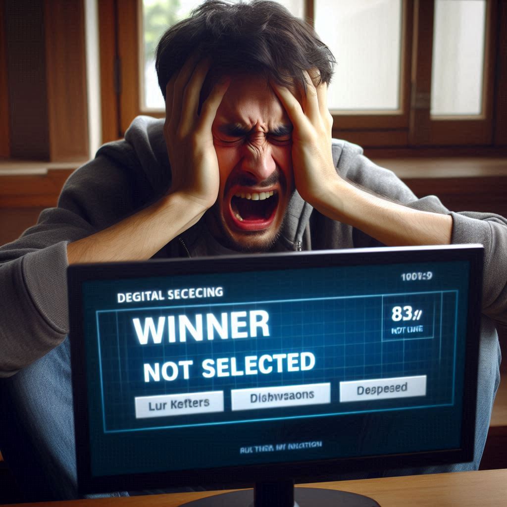 A man screaming in despair in front of a computer monitor that shows both “Winner” and “Not Selected.” The scene captures heartbreak, frustration, and the emotional rollercoaster of a lottery result.