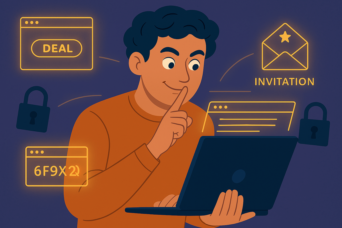 A clever user with a secretive smile using a laptop, surrounded by glowing invitation codes, deal icons, and digital locks. The scene captures excitement, curiosity, and the thrill of discovering hidden opportunities.