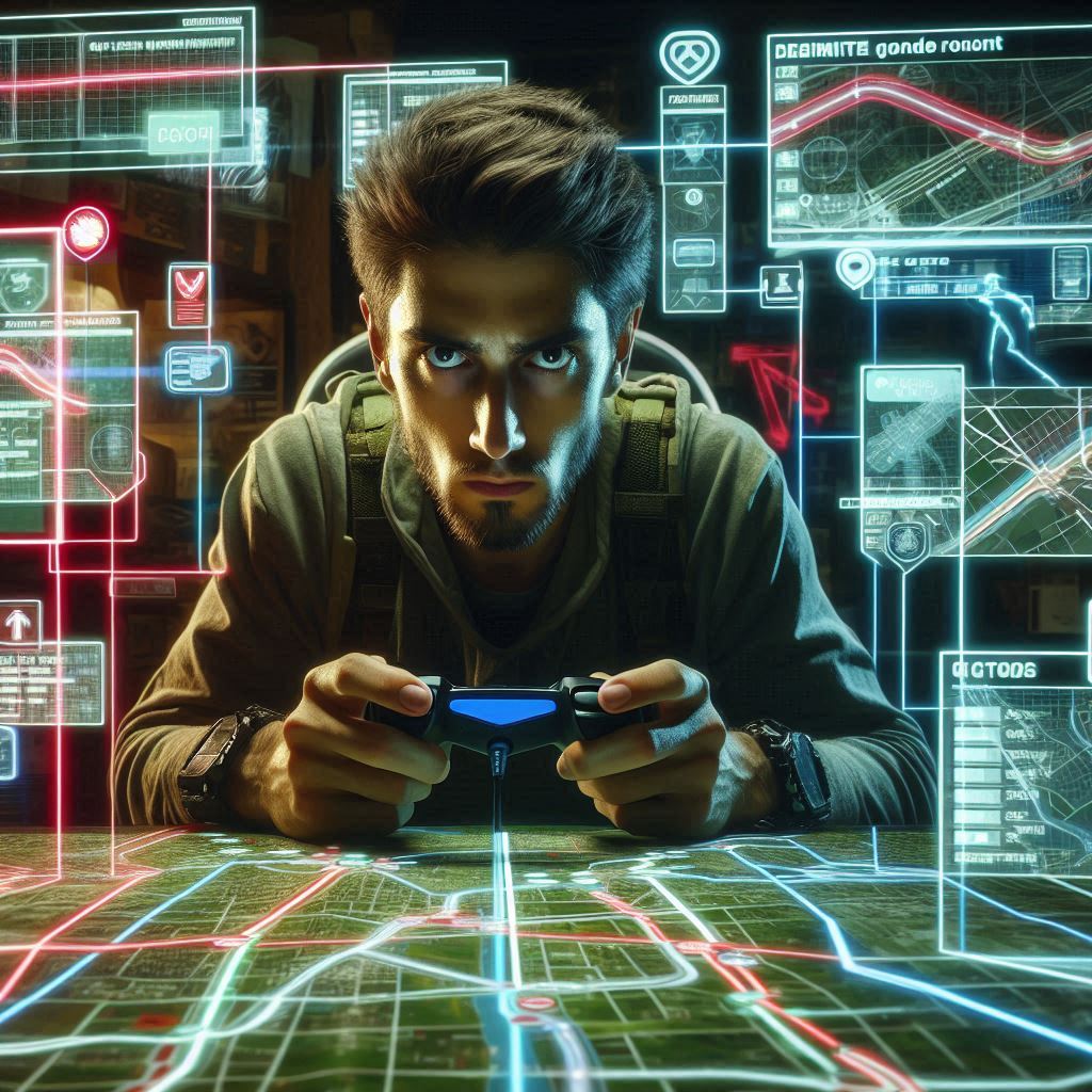 A gamer with a headset surrounded by holographic maps and tactical routes, laser focus, planning the next move, strategy, determination, hope for redemption