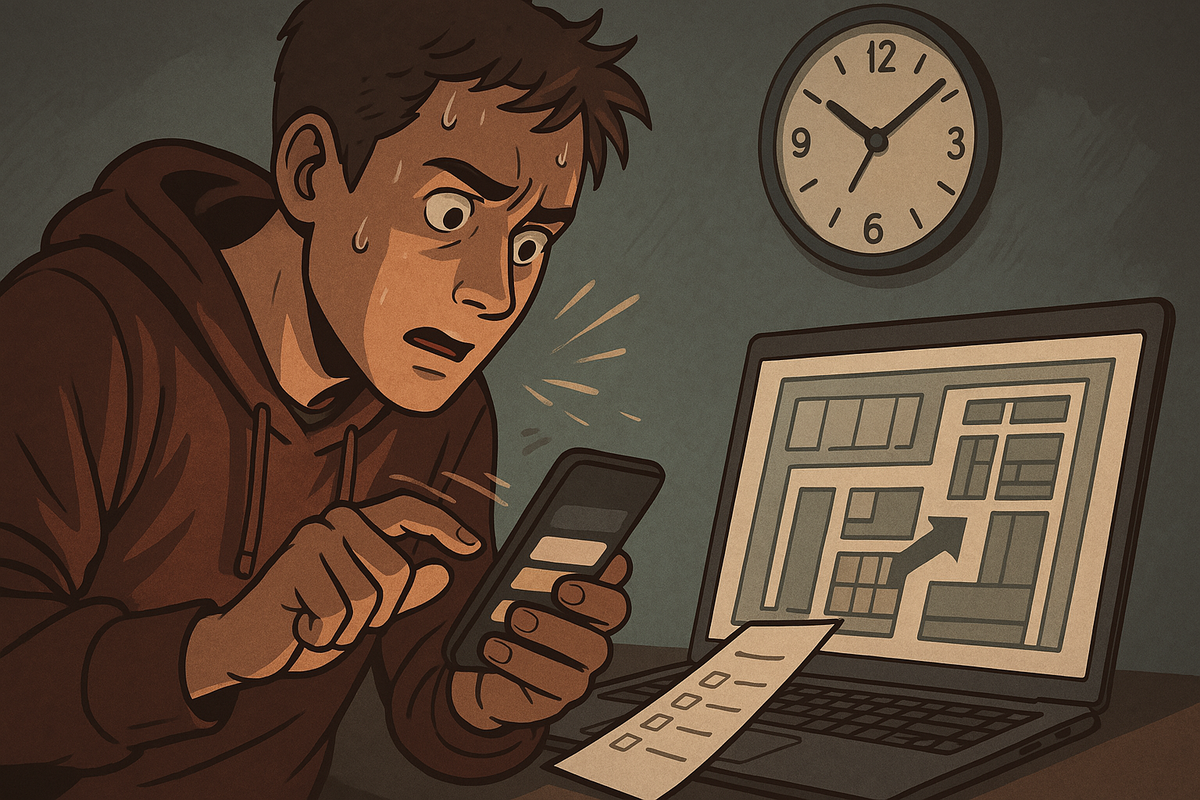 A stressed man feverishly tapping his smartphone, sweat on his brow, racing against time with a checklist and store map on his laptop, urgency and hope battling across his anxious face, sense of do-or-die mission