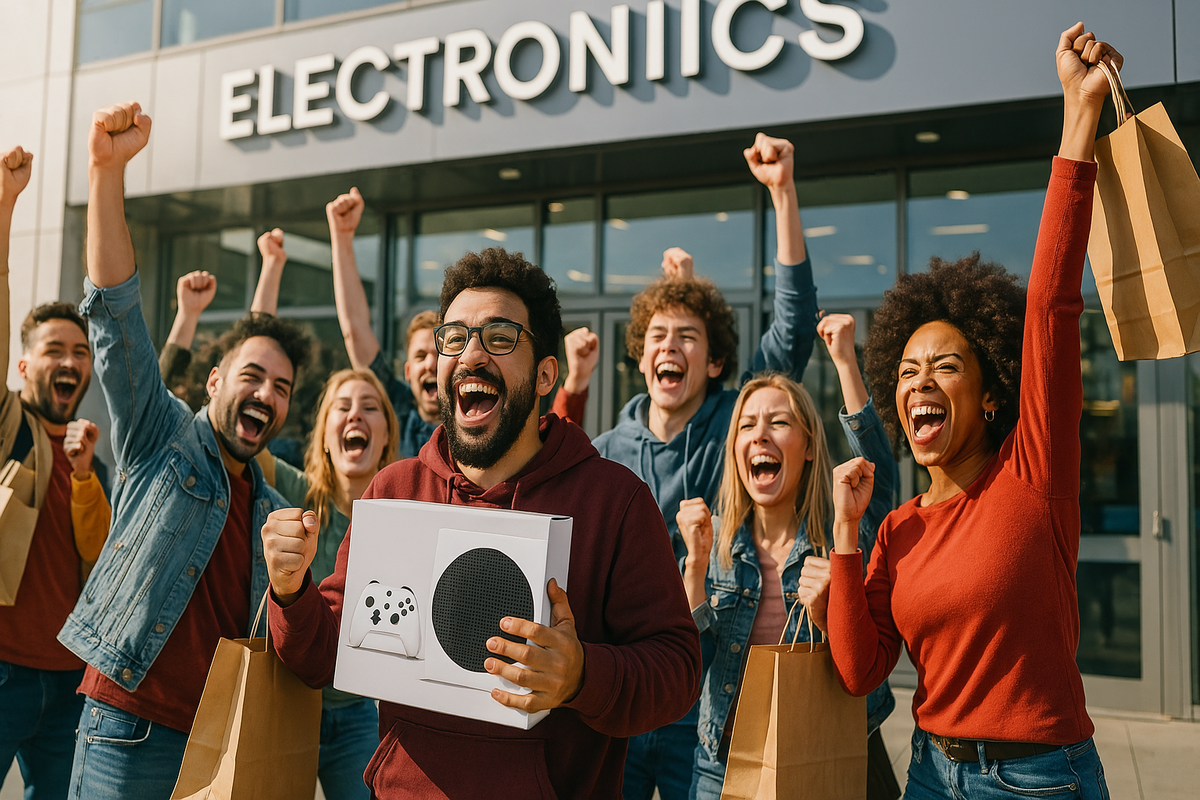 Thrilling scene of joyful gamers celebrating outside an electronics store after finally buying the new console, smiling and raising shopping bags, capturing the emotional rush of the Switch2 store launch