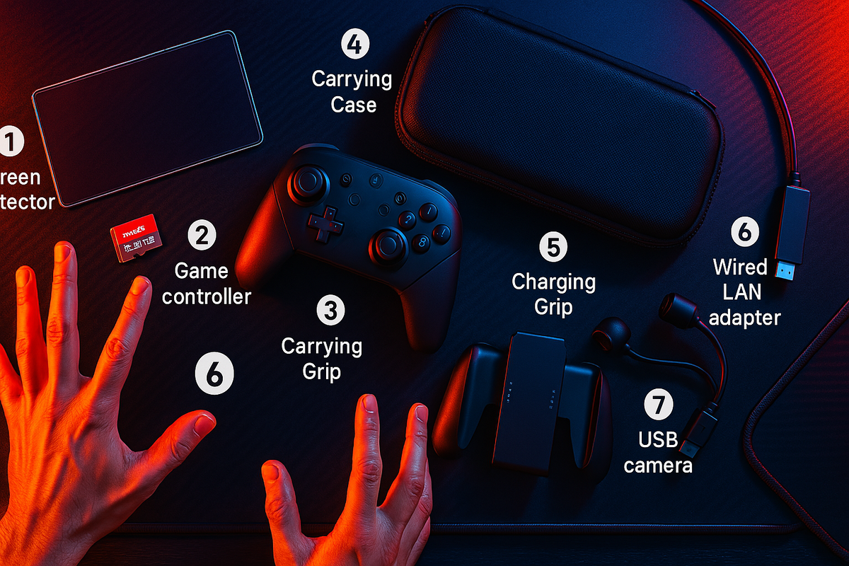 Breathtaking flat lay of must-have licensed Switch2 accessories, hands reaching in excitement, dramatic lighting highlighting the top 7 essential items for safe and smart gaming