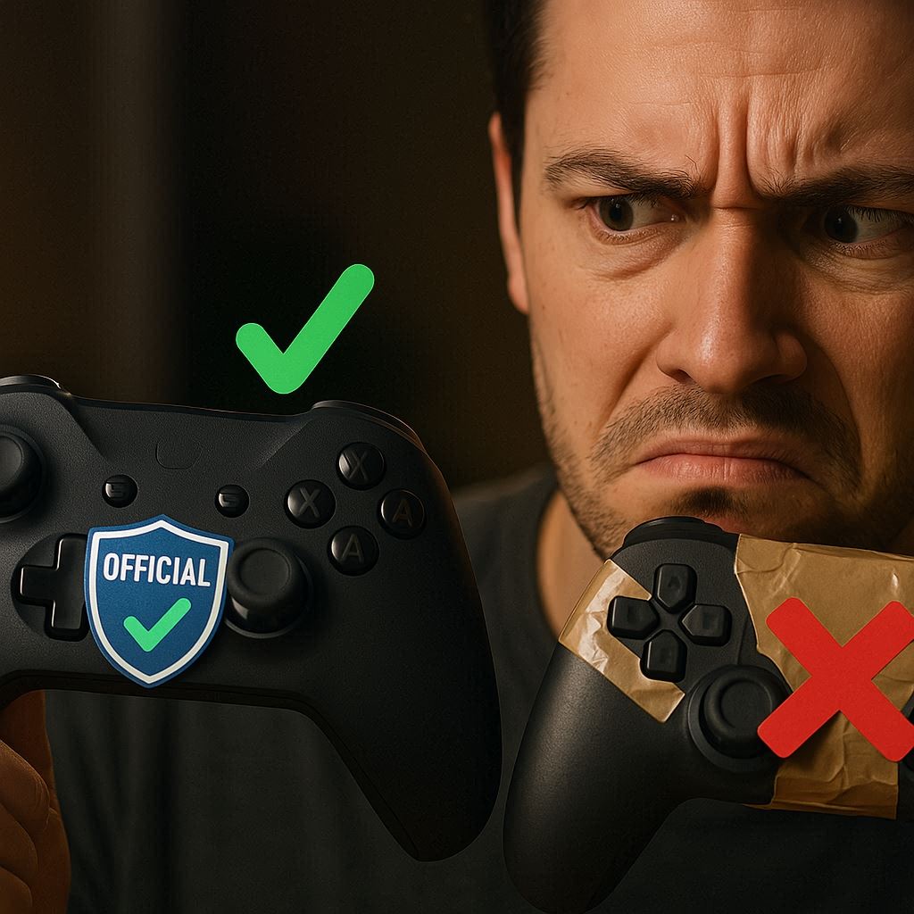 Dramatic close-up of a gamer frowning while comparing a fake accessory with an official licensed one, filled with tension, caution, and emotional relief, perfectly showing how to spot the difference