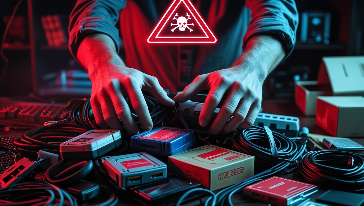 Intense and emotional moment of hands hovering over a pile of dangerous, unlicensed gaming items under ominous red light, evoking fear, regret, and the dramatic risk of a BAN