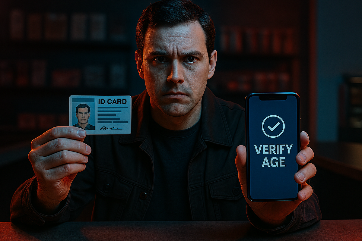 Dramatic close-up of a serious shopper holding an ID card and smartphone for verification, evoking tension, determination, and the emotional intensity of strict purchase rules