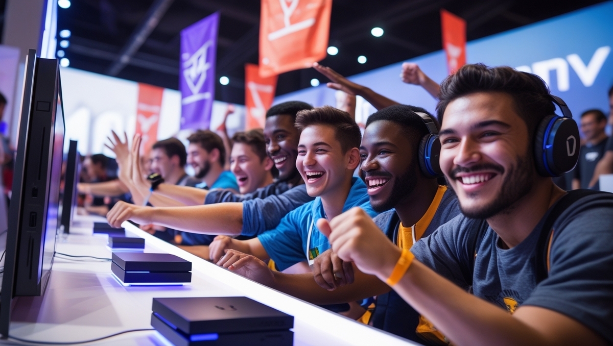 Vivid and emotional scene of happy gamers smiling and cheering while testing the new console at a lively demo event, full of energy, excitement, and a sense of shared joy