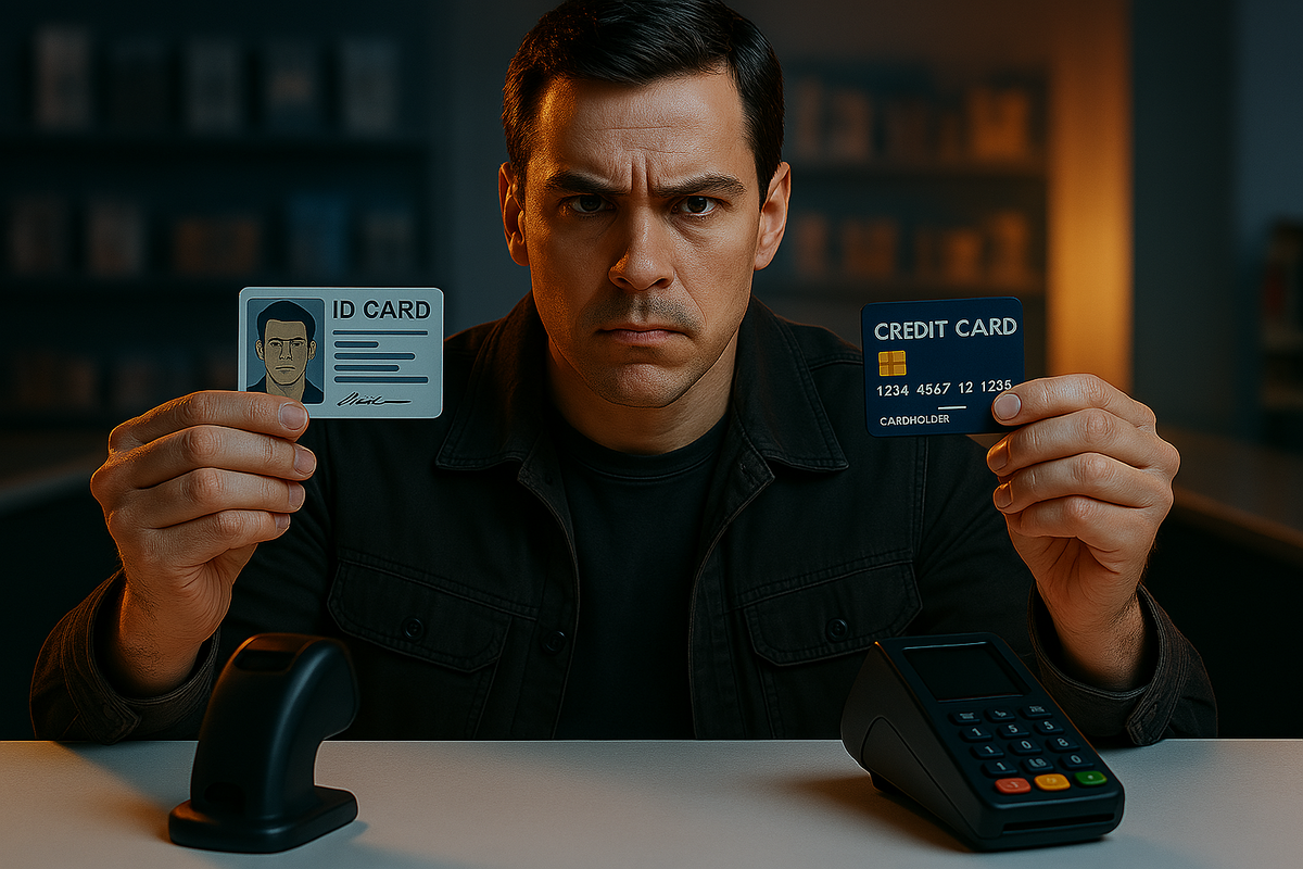 Dramatic close-up of a serious shopper holding an ID card and a credit card at the counter, capturing tension, determination, and the emotional weight of strict purchase rules