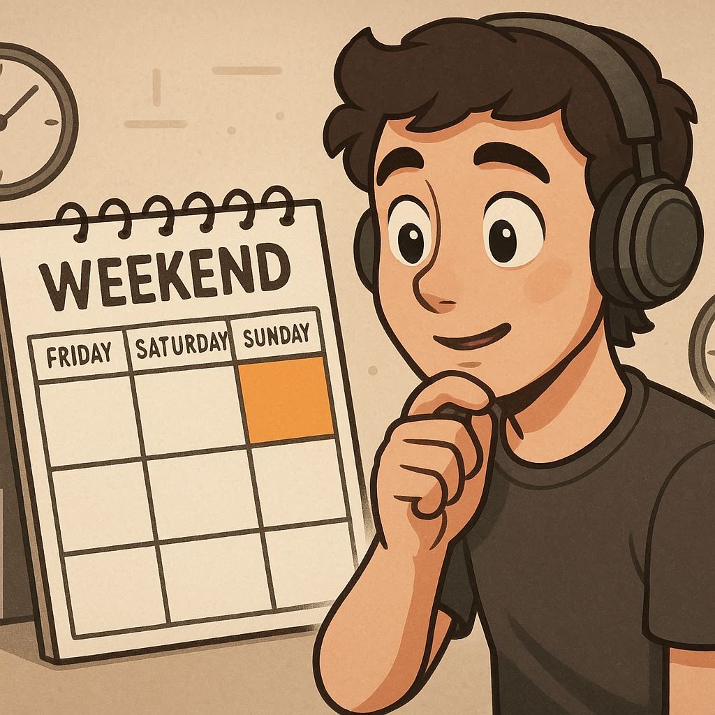 Hopeful and thoughtful gamer looking at a weekend calendar with Saturday highlighted, evoking curiosity, optimism, and the emotional anticipation of a successful purchase