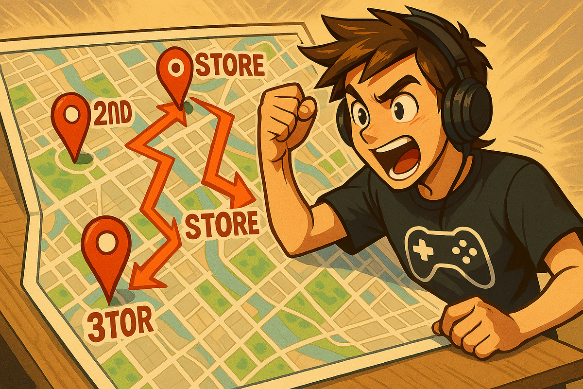 Thrilling and emotional scene of a determined gamer shouting in excitement while planning a multi-store route on a colorful city map, filled with energy, urgency, and the victorious spirit of hunting for the new console