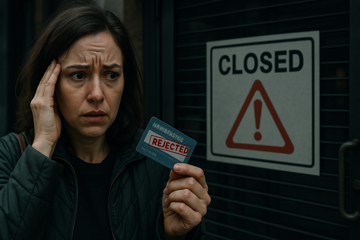 Tense and emotional scene of a worried shopper holding a rejected membership card in front of a closed store entrance, filled with regret, caution, and the dramatic risk of missing out
