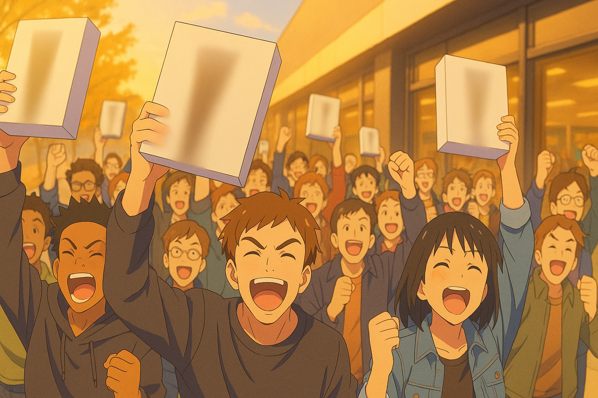 a crowd of excited young gamers outside a store, holding up console boxes and cheering with pure joy, golden hour lighting, emotional atmosphere
