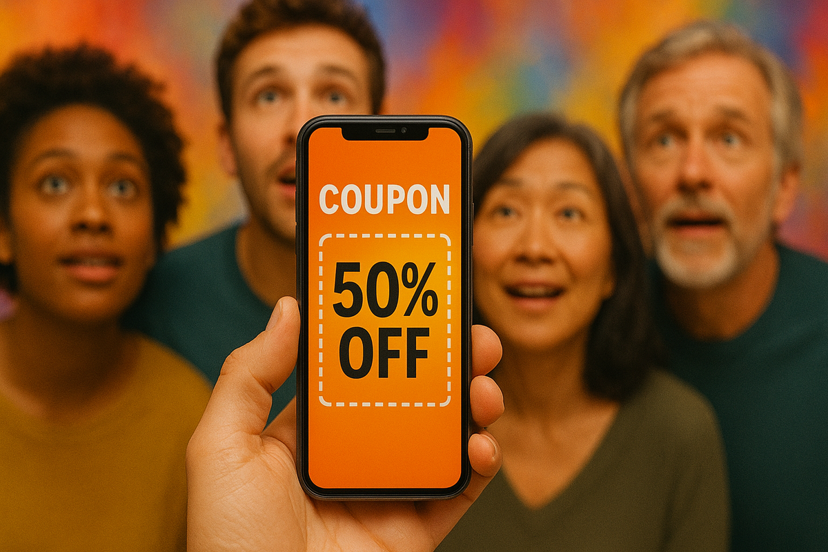 close-up of a smartphone displaying a digital coupon, group of diverse people in the background with surprised and happy faces, vibrant and colorful, emotional