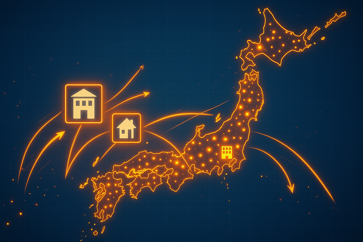 futuristic map of Japan glowing with data points and store icons, dynamic arrows showing distribution, energetic and informative, modern blue and orange tones