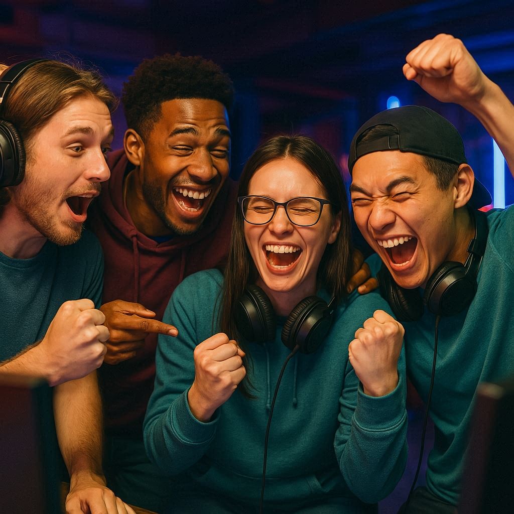 group of diverse gamers celebrating a big win together, wearing headphones, emotional faces full of triumph and excitement, neon gaming environment