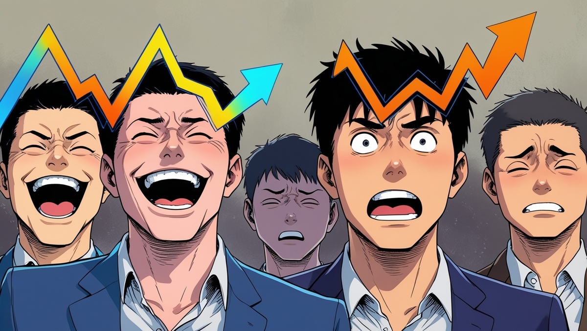 anime-style people with arrows showing price trends above their heads, mixed emotions of joy and anxiety, dramatic expressions, market impact