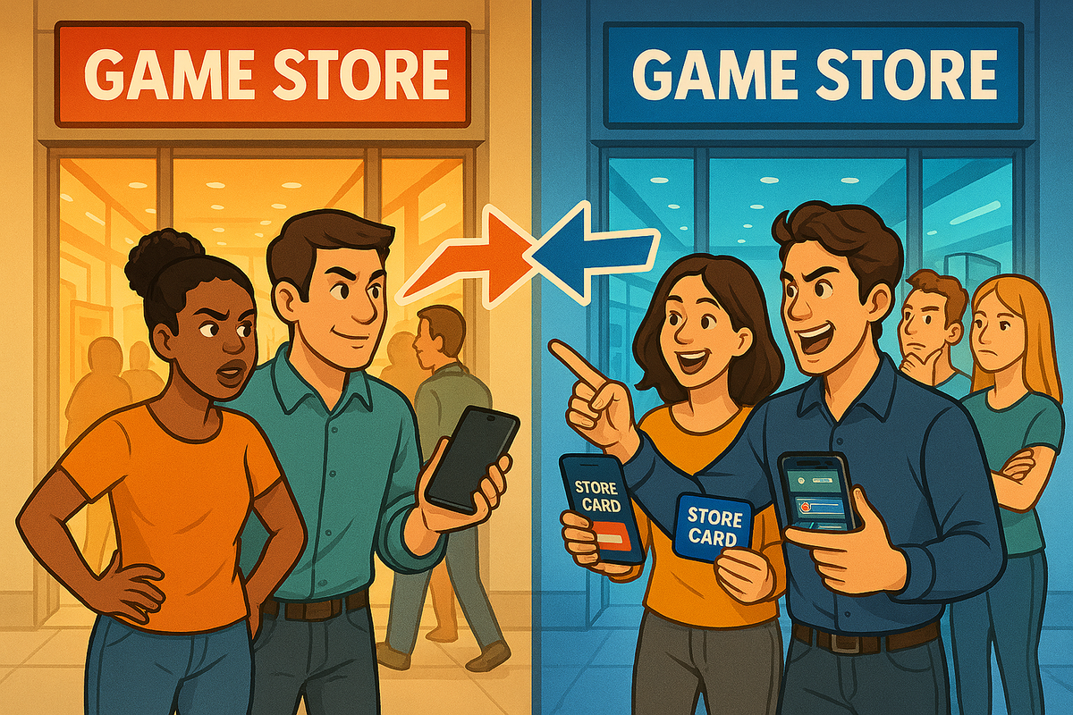 cartoon split view of two game stores, shoppers comparing membership cards and smartphones, one side happy and excited, the other side frustrated, expressive and colorful