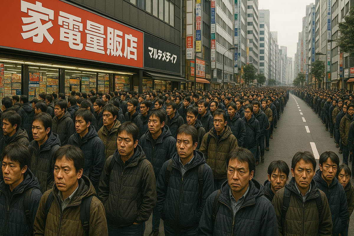 An endless line of determined customers stands shoulder to shoulder outside a giant electronics store, their serious faces revealing exhaustion, quiet desperation, and the patient longing for a rare chance—urban intensity meets silent emotional struggle.