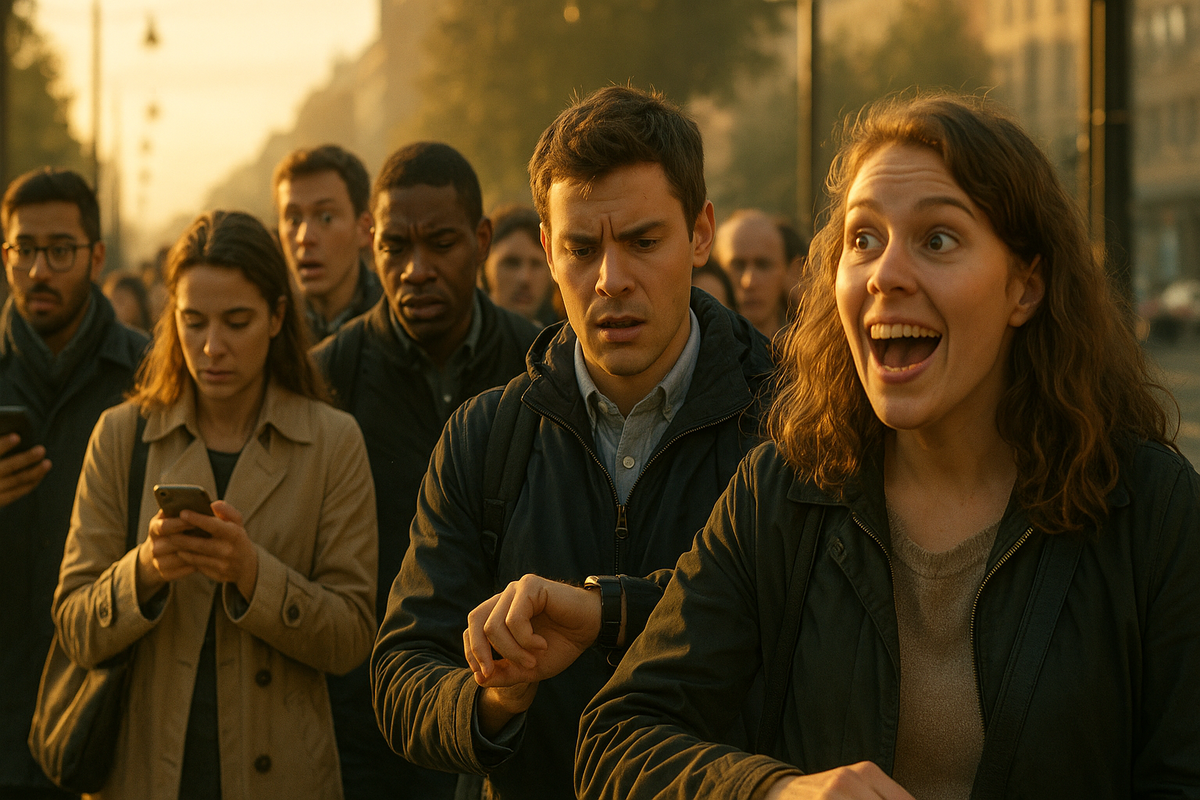 A group of anxious early morning shoppers checks their phones and watches under the soft glow of sunrise, emotions of hope, tension, and nervous excitement mingling on their faces—capturing the pulse of anticipation in the crisp city air.