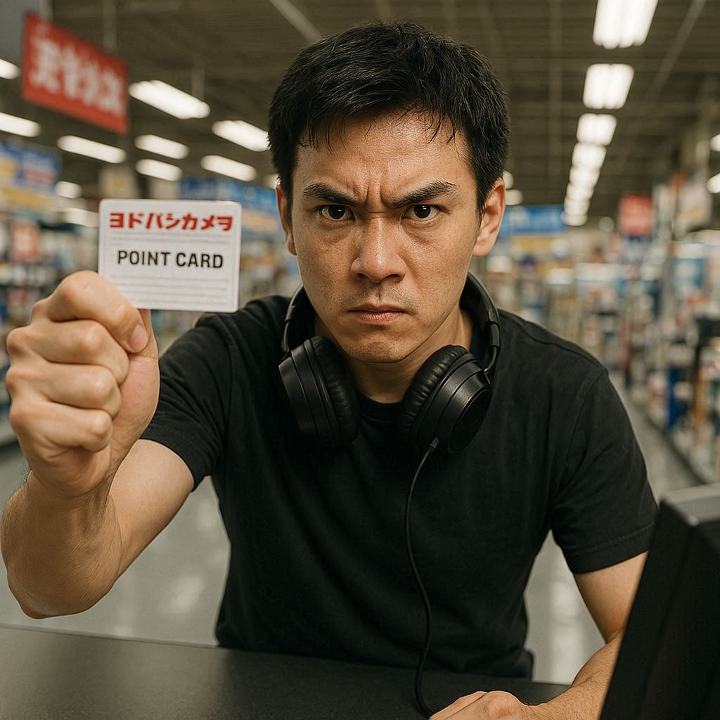 A determined shopper with intense eyes holds up his point card at the electronics counter, radiating focus, unwavering resolve, and the deep thrill of fighting for a once-in-a-lifetime chance—pure ambition and burning anticipation.