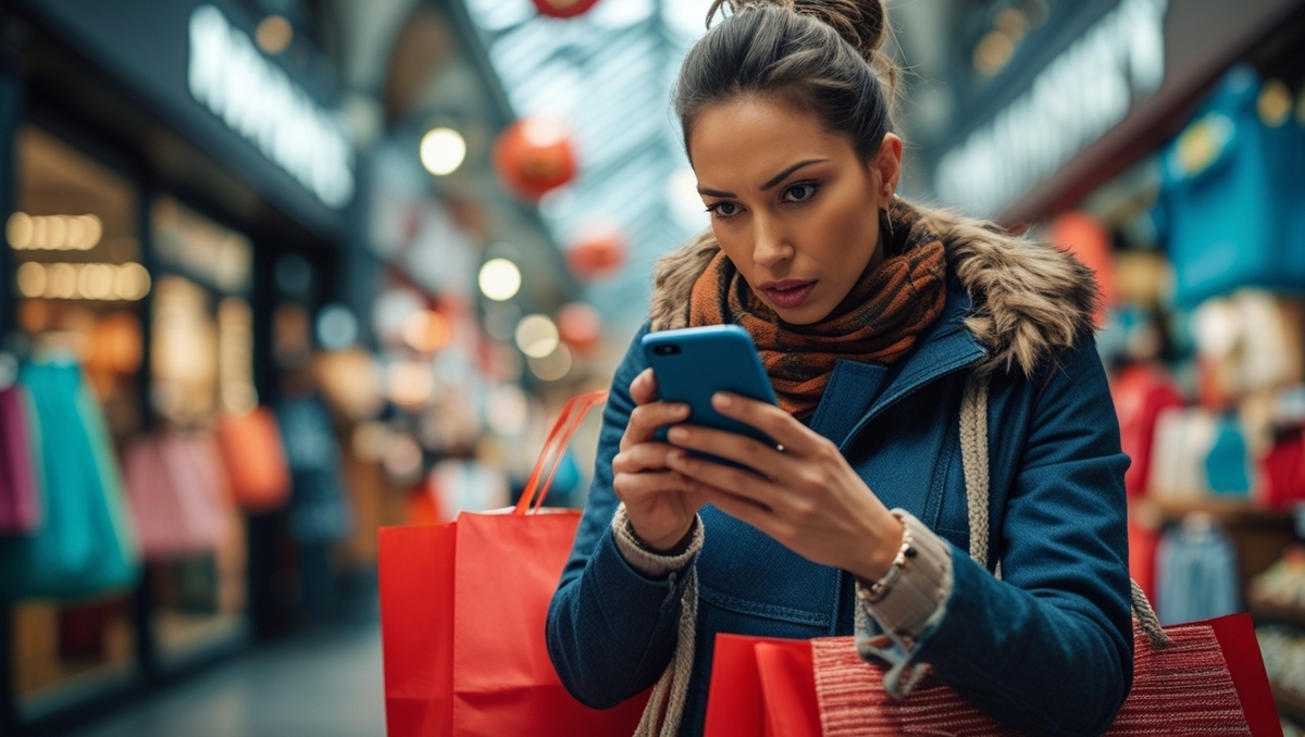 A focused woman clutches her smartphone in a bustling shopping arcade, her eyes sharp with strategic intent, alert curiosity, and the electric tension of racing against time—capturing the essence of calculated preparation and hope.