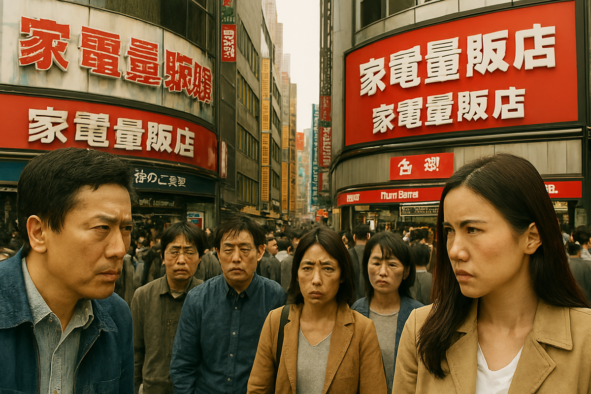 Two groups of determined shoppers face off outside rival electronics stores in downtown Tokyo, their faces set with tension, competitive spirit, and raw anticipation—a dramatic clash of hope, rivalry, and urban energy.