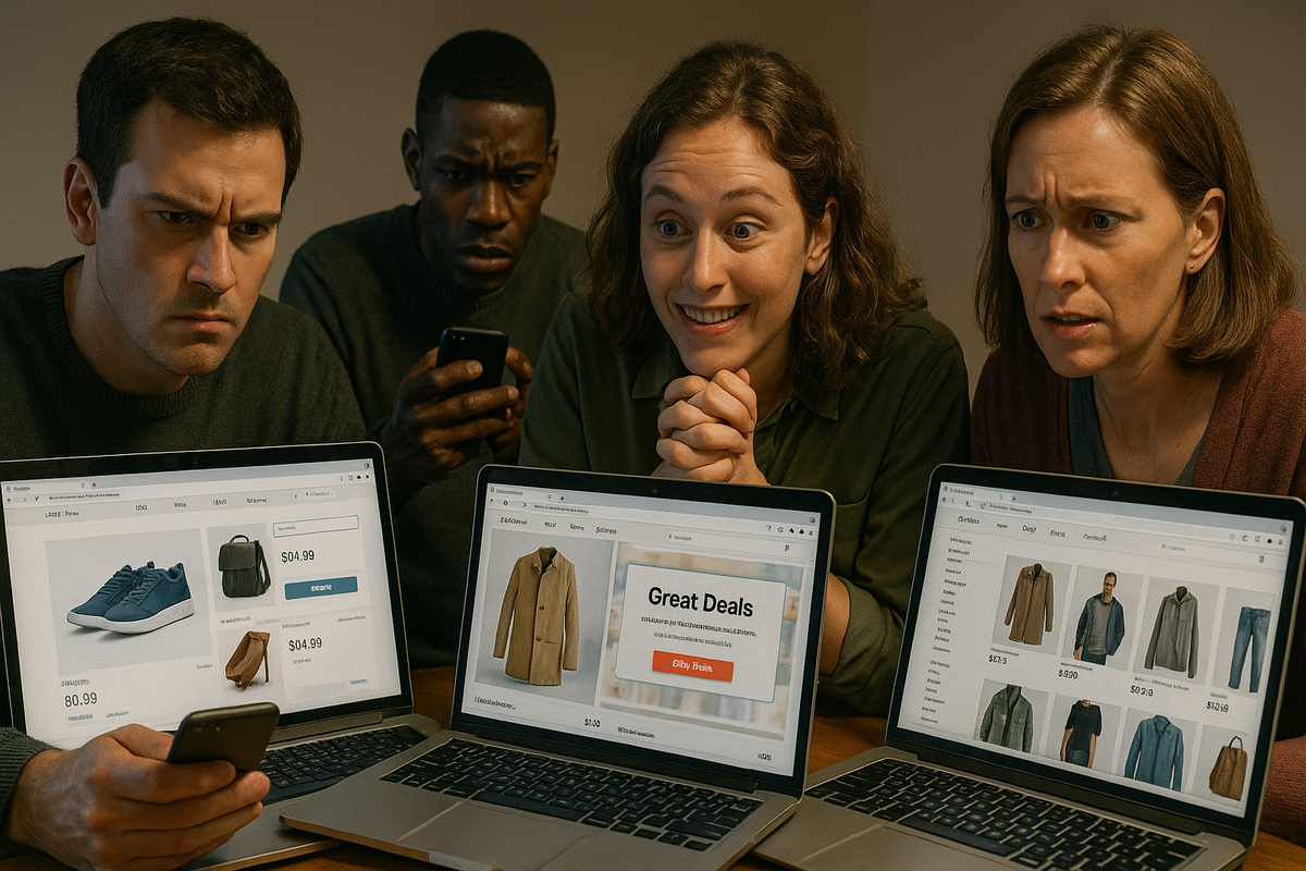 A team of determined buyers, their faces lit with hope and intense focus, scanning online stores in a race against time, the thrill of the hunt and anticipation filling the air.