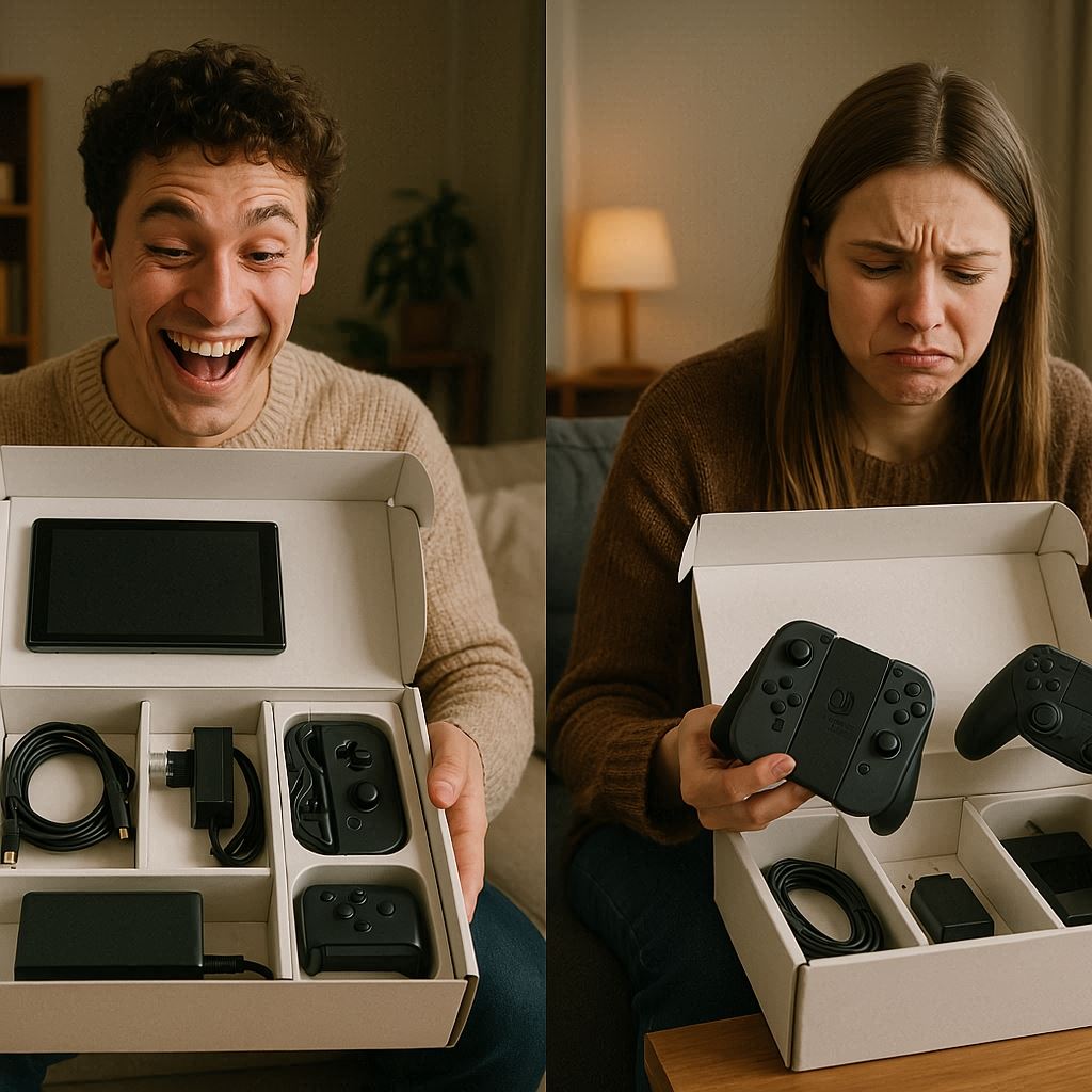 A joyful unboxing contrasted with quiet disappointment, raw emotions of happiness and frustration side by side, capturing the highs and lows of real user experiences with heartfelt authenticity.