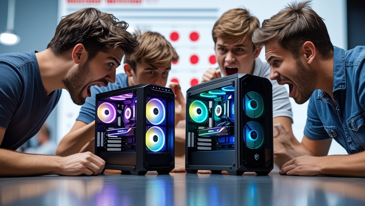 Passionate gamers in a dramatic face-off, fierce eyes and competitive spirit shining in vivid colors, the air electric with excitement and rivalry—a true battle of choices.