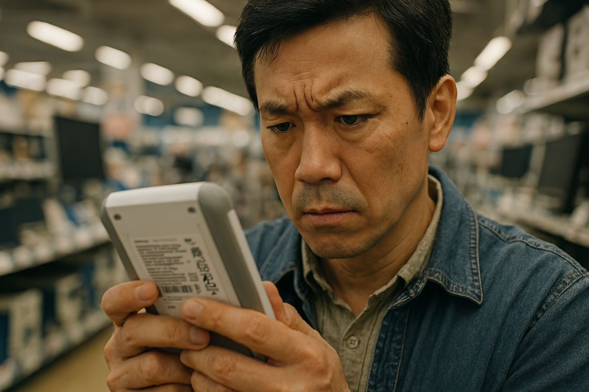 A cautious shopper inspecting a product with deep concentration and worry, the atmosphere thick with doubt and care, reflecting the careful decision-making moments every buyer knows.