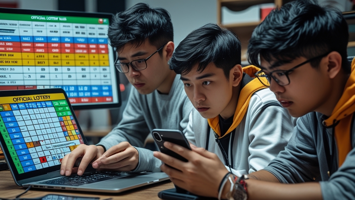 Determined friends studying official lottery rules on laptops and smartphones at a cluttered desk, brows furrowed in concentration, the air thick with focus and curiosity, capturing the gravity of the moment.