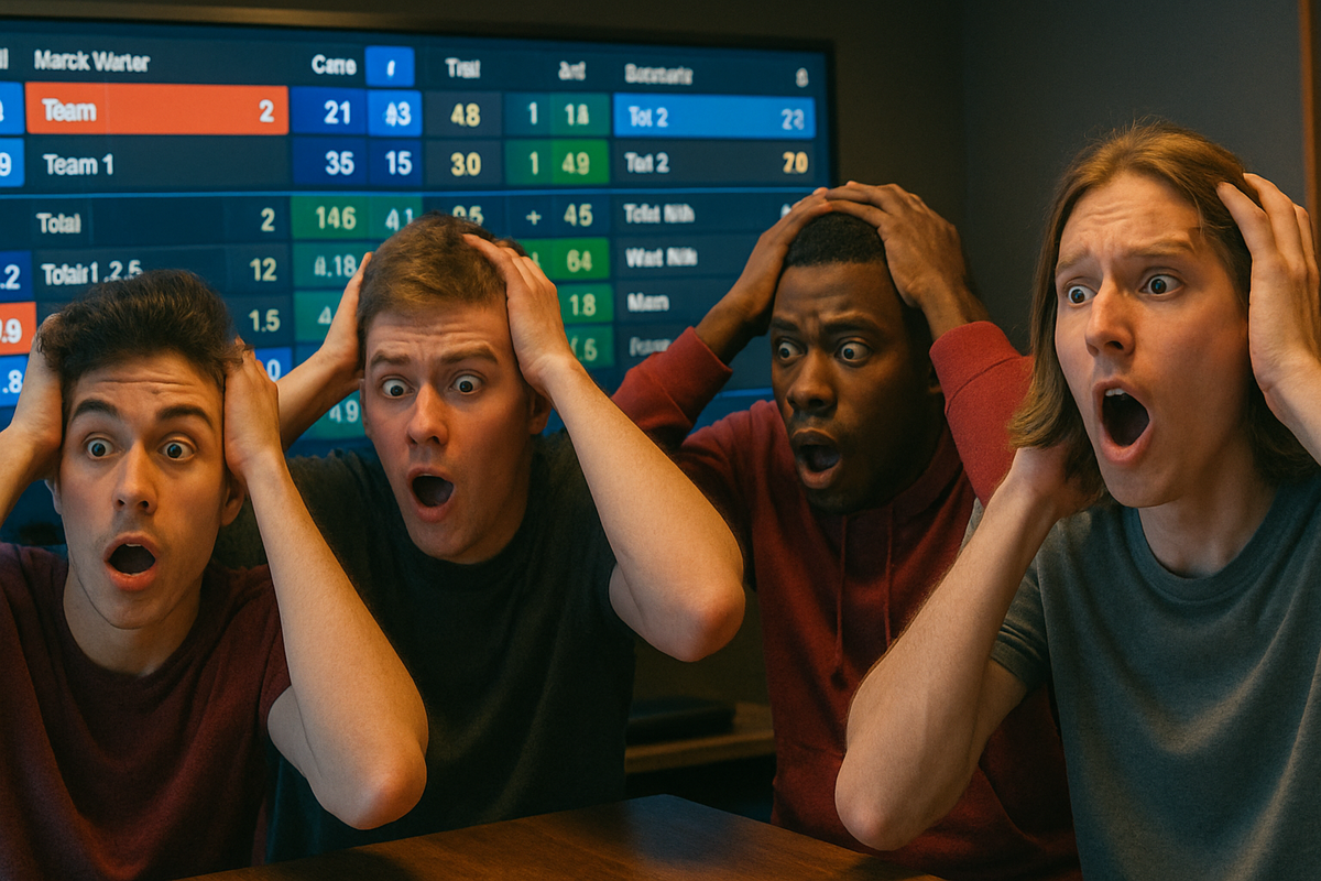 Shocked and excited gamers clutching their heads in disbelief, wide eyes fixed on a giant digital odds board, the intensity and emotional rollercoaster of lottery statistics revealed in real time.