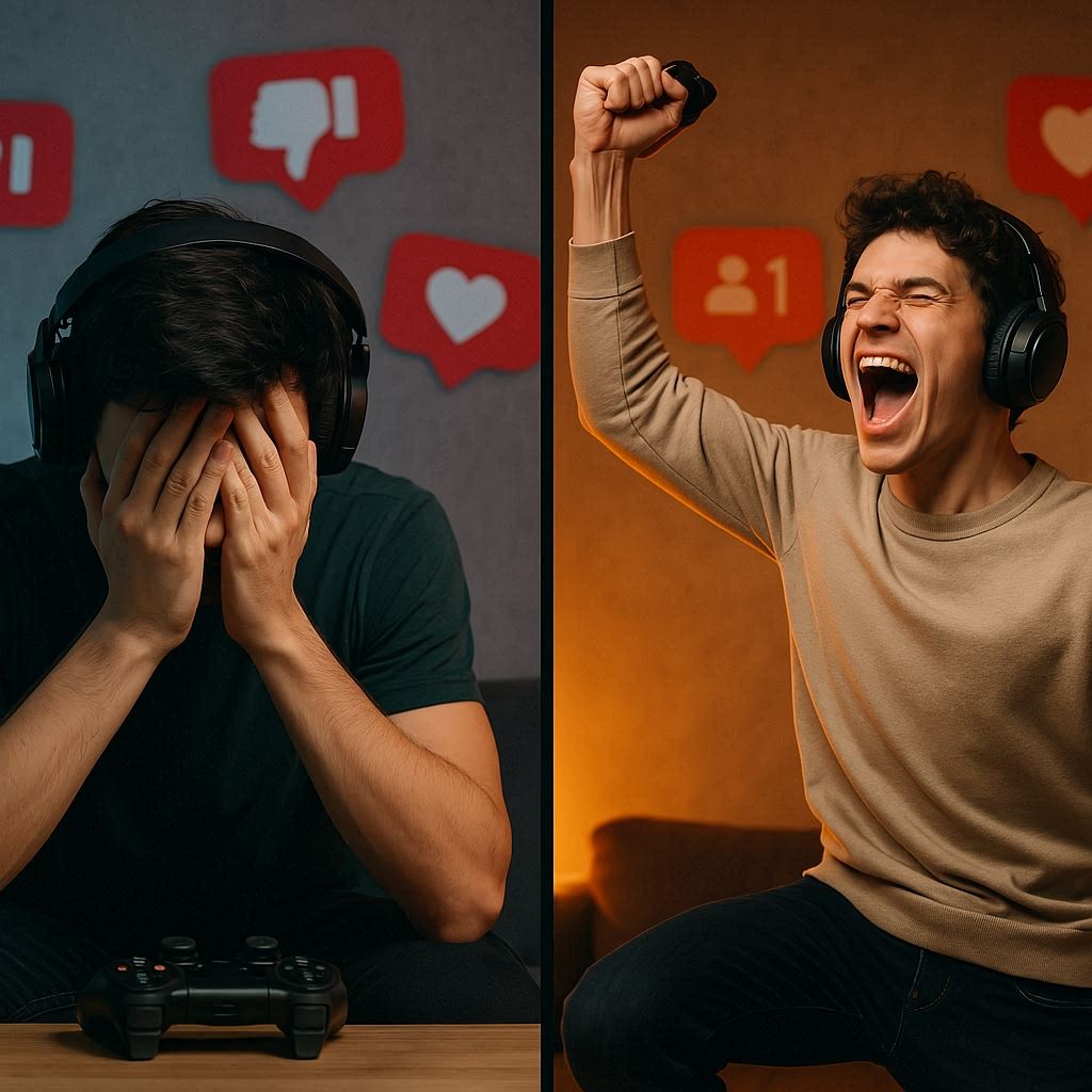 Split image: One gamer with headphones burying his face in his hands, lost in disappointment, beside another who is leaping up in pure joy, both framed by glowing social media icons—true drama and unfiltered emotion.