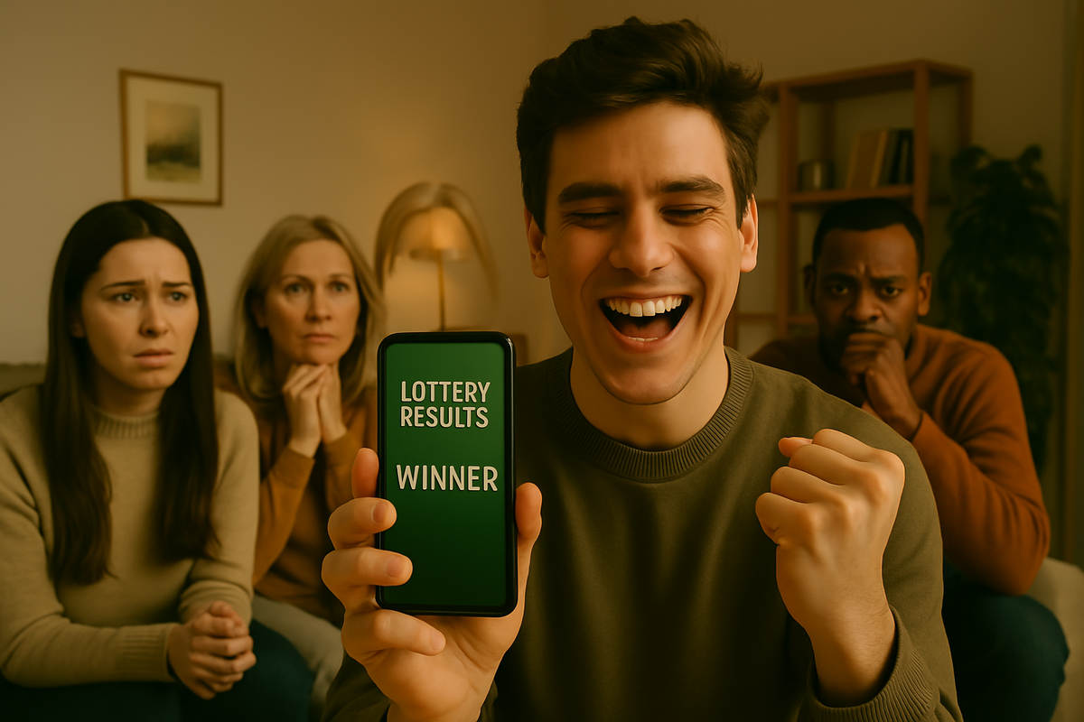 A beaming winner clutching a smartphone displaying “Lottery Results: Winner,” family and friends behind him bursting with a mix of relief and awe, the room alive with hope, happiness, and triumph.