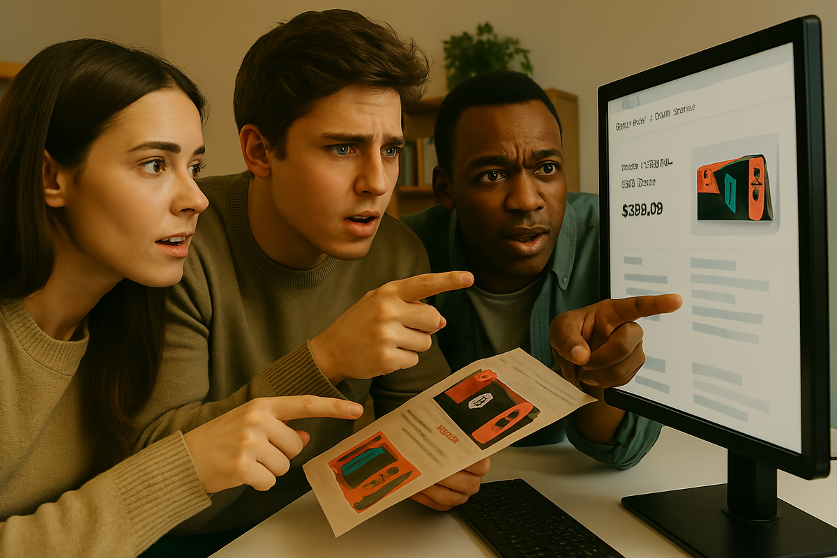 A trio of gamers pointing at a computer screen showing a rare Switch2 listing, faces full of determination and eager hope, united in the thrill of chasing a secret buying opportunity.
