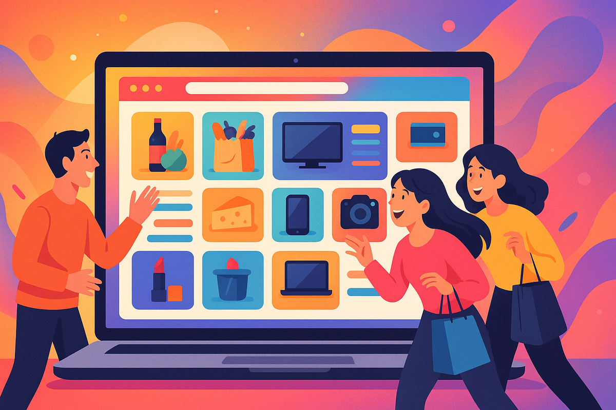 Happy shoppers exploring a colorful online store filled with everyday goods and electronics, vibrant energy and joyful curiosity shining in every face.