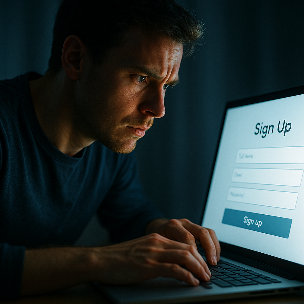 A determined man intently signing up on a website, illuminated by the screen’s glow, focus and hope radiating in a quiet, suspenseful moment.
