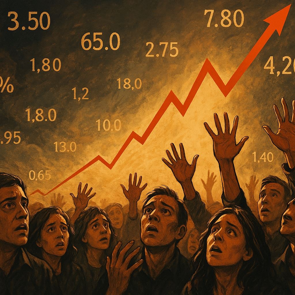 Anxious people gazing up at a soaring graph and floating numbers, suspense, uncertainty, and the pulse of competition vividly portrayed in their hopeful eyes.