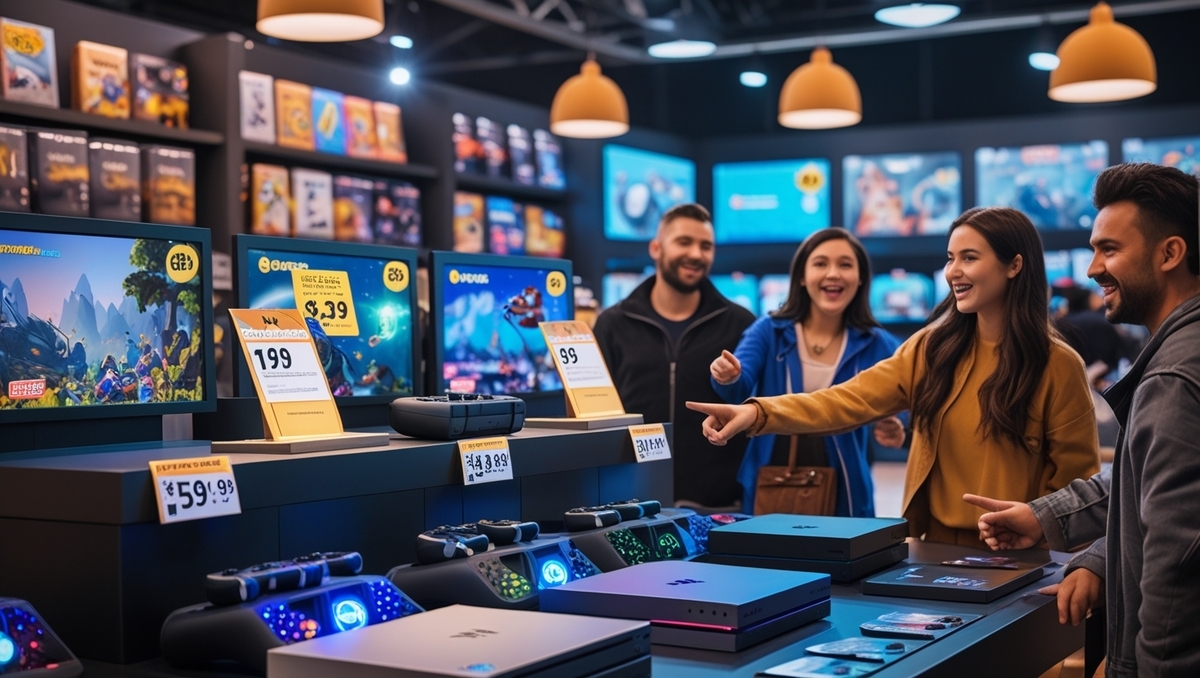 Excited friends pointing and laughing in front of dazzling game consoles and displays, pure joy and anticipation lighting up their smiles and body language.